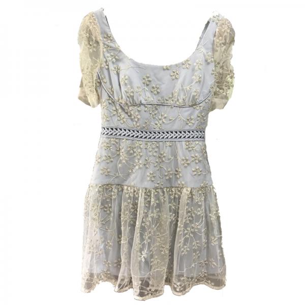 Summer retroinsStyle Internet RedSPSame paragraph Short sleeve round neck champagne lace embroidered beaded dress